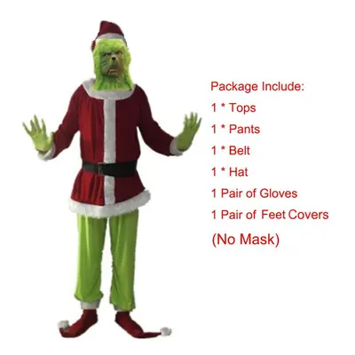 (Costume(No Mask), 2XL) Santa Grinch Cosplay Costume How the Grinch Stole Christmas Suit Hallowe