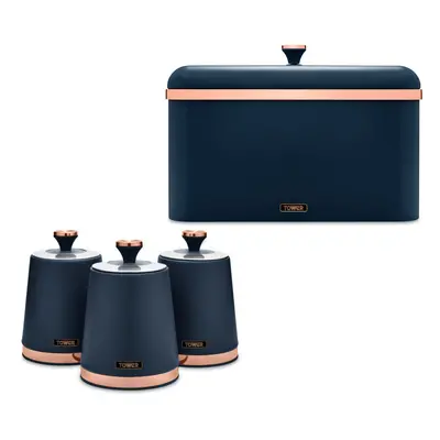 Tower Cavaletto Bread Bin & Canisters Set in Midnight Blue/Rose Gold