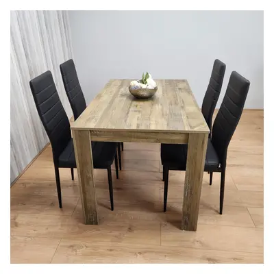 Dining Table and Chairs Rustic Effect Wood Table Black Leather Chairs Dining Room