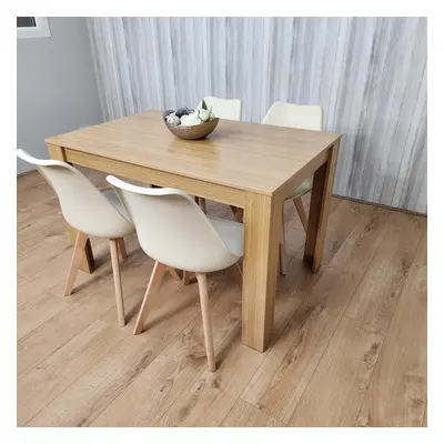 Dining Table and Chairs Oak Effect Wood Cream Plastic Leather Chairs Dining Room