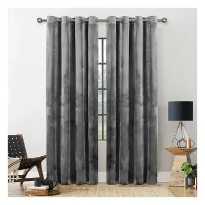 (GREY, 90X90) THICK VELVET CURTAINS PAIR OF EYELET RING TOP SOFT