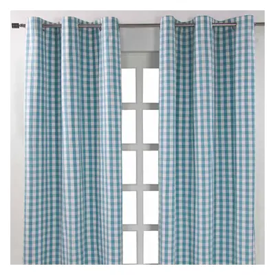 (W 137cm x Drop cm, Blue) Cotton Block Check Gingham Eyelet Curtains