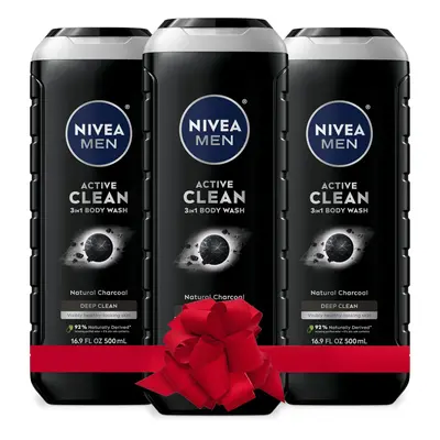 NIVEA MEN DEEP Active Clean Charcoal Body Wash Exfoliating Body Wash for Men with Natural Charco