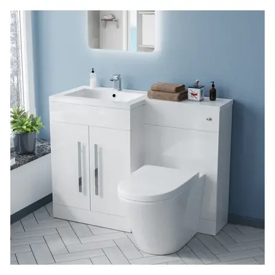 1100mm LH White Vanity with BTW Toilet, WC Unit & Resin Basin Flat Pack