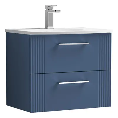 Retro Drawer Wall Hung Vanity Unit with Curved Tap Hole Ceramic Basin - 600mm - Satin Blue - Bal