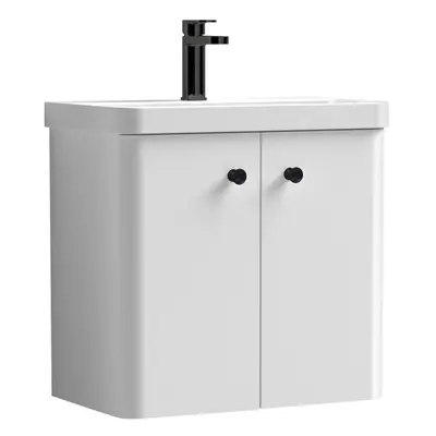 Curve Wall Hung Door Vanity Basin Unit - 600mm - Gloss White with Black Round Handles (Tap Not I