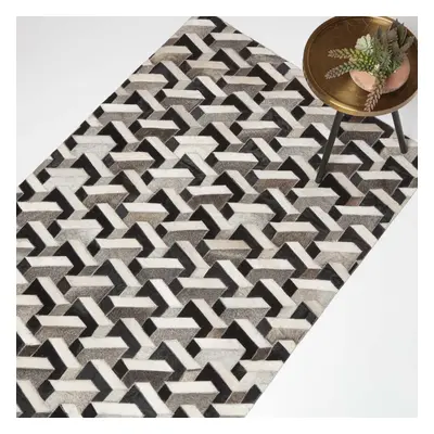 Grey & Black Geometric Leather Rug, x cm