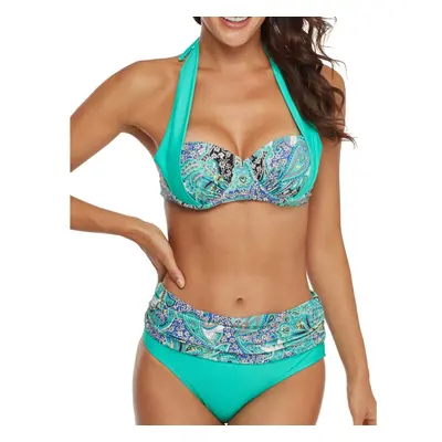 (Green, 12) Halter Gather Painted Beach Swimwear