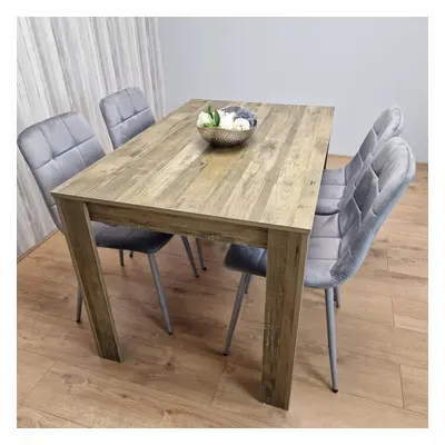 Dining Table and Chairs Rustic Effect Wood Table Grey Velvet Chairs Dining Room