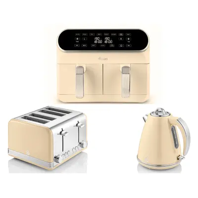 SWAN Retro Cream Kettle Slice Toaster & Dual Basket Air Fryer Set