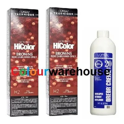 (H2 (2x), Dev (Vol. 20) 16oz) L'Oreal HiColor H2 Cool Light Brown, Browns For Dark Hair Only