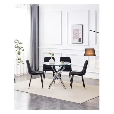 Dining Table and Chairs Round Glass Table Black Velvet Chairs Dining Set