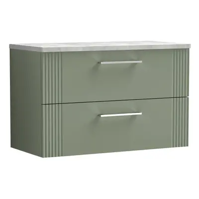 Retro Drawer Wall Hung Vanity Unit with Bellato Grey Laminate Worktop - 800mm - Satin Green - Ba