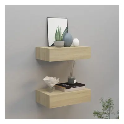 vidaXL 2x Wall-mounted Drawer Shelves Oak MDF Wall CabinetFloating Shelf Set