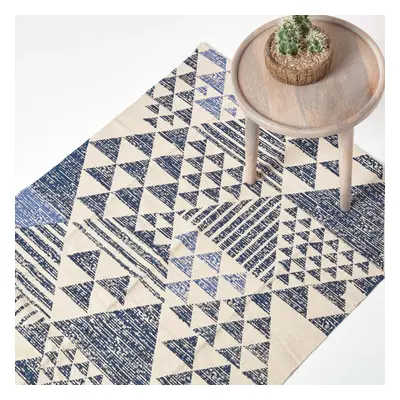 (160 x cm, White, Grey and Blue) Delphi Geometric Style 100% Cotton Printed Rug