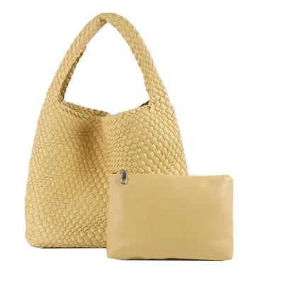 (Yellow) MOOWOO Fashion Ladies Bag Woven Bag PU Leather Cute Handbag Vegetable Basket Carry Tote