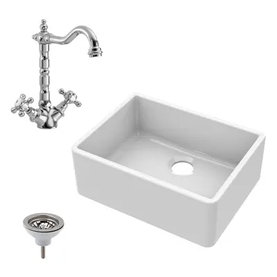 Fireclay Kitchen Bundle - Butler Sink, Compatible Waste & French Tap, 595mm - Chrome - Balterley