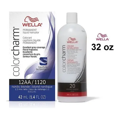 (12AA+Dev(Vol.20)32oz) Wella 12AA Nordic Blonde Color Charm Permanent Liquid Haircolor