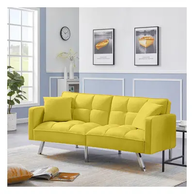 Sofa Bed Seater Yellow Velvet Click Clack Sofa Settee Recliner Couch with Metal Legs with Pillow