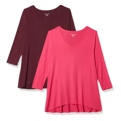 Women's 3/4 Sleeve V-Neck Swing T-Shirt (Available in Plus Size), Pack of 2, Bright Pink/Burgund