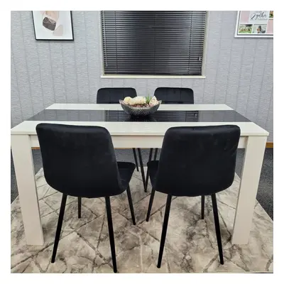 Dining Table Set Of Wooden White Black Table Tufted Velvet Chairs