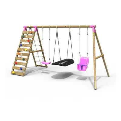 (Skye, Pink) Rebo Wooden Swing Set with Up and Over Climbing Wall