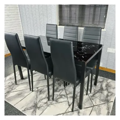 Black Marble Effect Dining Table and Black Faux Leather Metal Chairs