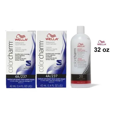 (4A(2)+Dev(Vol.20)32oz) Wella 4A Medium Ash Brown Color Charm Permanent Liquid Haircolor