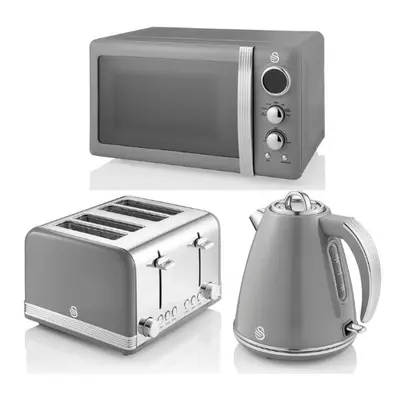 SWAN Retro Grey Jug Kettle Slice Toaster & 800W Digital Microwave