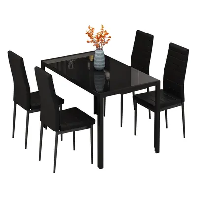 (Black Table+4*black Chairs) Dining Table and Chairs Set, Modern Glass Table with High Back Faux