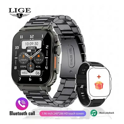 (Black Steel Belt) LIGE Bluetooth Call Men Smart Watch Women 600Mah Large Battery 100+ Sports