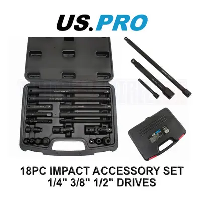 US PRO Tools 18pc Impact Accessory Set 1/4" 3/8" 1/2" Drives UJ Step Up/Down