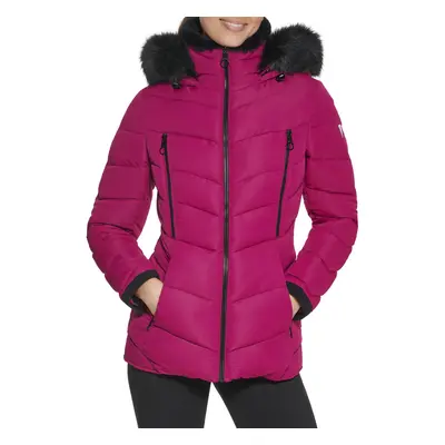 GUESS Women's Cold Weather Hooded Puffer Coat Magenta Large