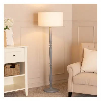 ValueLights Victoria Cream Boucle Drum Shade Grey Wood Floor Lamp