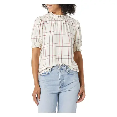 Amazon Essentials Womens Fluid Twill Short Puff Sleeve Smock Detail Shirt Ecru Plaid Small