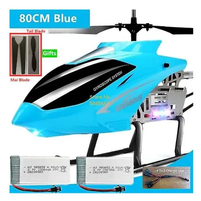 (80CM Blue 2Battery) 80cm Big Alloy Remote Control Helicopter Model Dual Flexible Propeller Anti