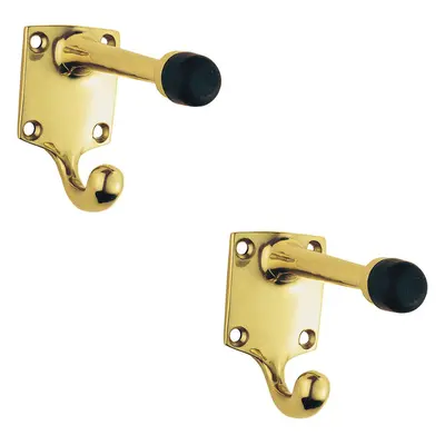 2x One Piece Hat & Coat Hook with Rubber Buffer 88mm Projection Polished Brass