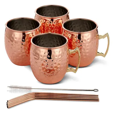 4 Moscow Mule Cooper Cocktail Mugs, Hammered Design Gift Set with Stainless Steel Straws Cleanin