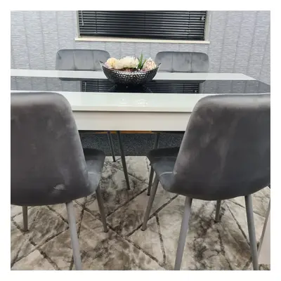 Dining Table Set Of Wooden White Table Tufted Velvet Grey Chairs