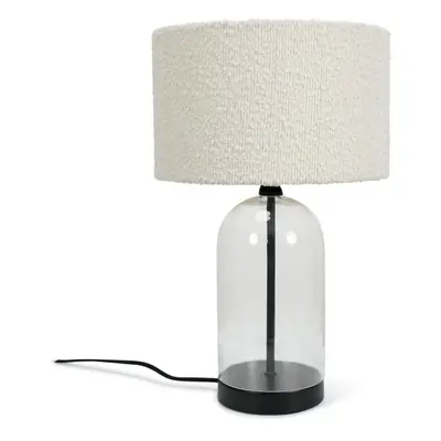 Glass and Black Metal Bedside Table Lamp with Cream Boucle Shade Light