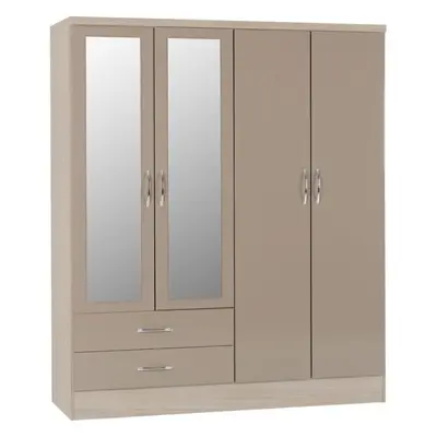 Nevada Door Drawer Mirrored Wardrobe in Oyster Gloss and Oak Effect Finish