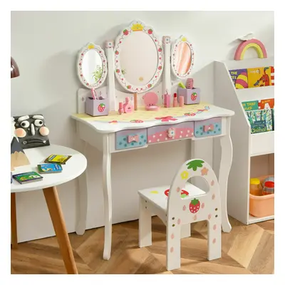 Kids Vanity Makeup Dressing Table & Chair Set W/Tri-fold Mirror &Drawers