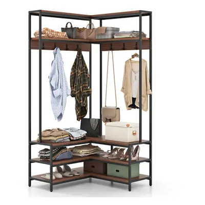 Corner Garment Rack L-shaped Clothes Rack w/ Open Shelves-Walnut