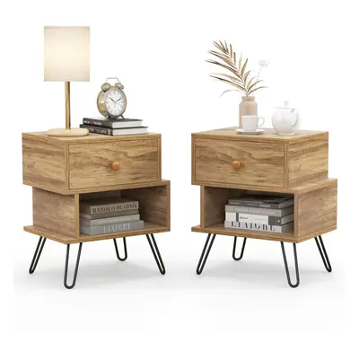 2 PCS Bedside Table w/Drawers & Legs Wooden Nightstand Sofa Side Table