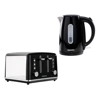 (Black) Daewoo Kensington Retro Matching Stainless Steel Slice Toaster and Kettle Set 1.7 Litres