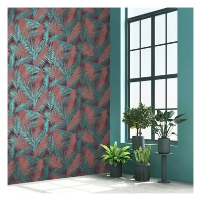 Eden Wallpaper Collection Ilana Leaf Claret & Teal Muriva J98210