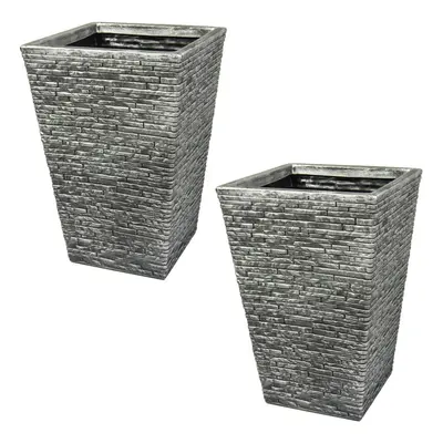 2 Tall Grey Brick Effect Planter Plastic Flared Pot Garden Patio 45cm