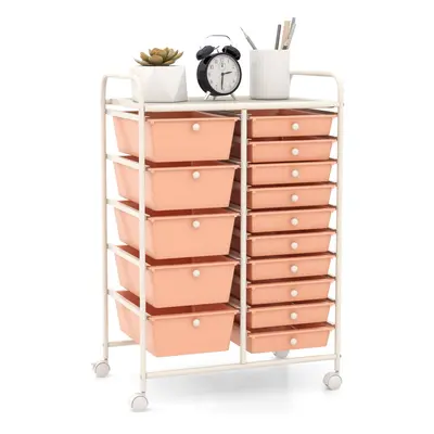 15 Drawers Storage Trolley Mobile Rolling Utility Cart-Peach pink