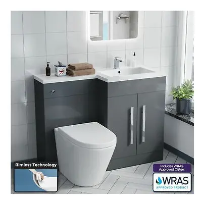 Nes Home Grey RH Basin Vanity Unit WC Back To Wall Toilet 1100mm Bathroom