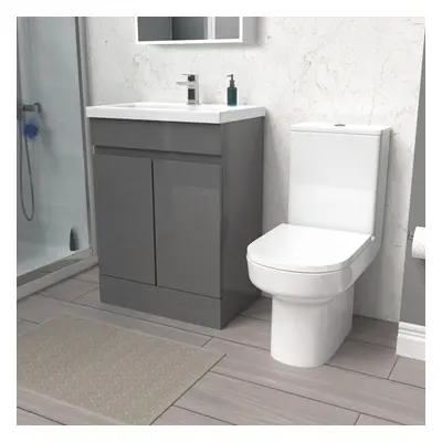 Nes Home 600mm Steel Grey Basin Vanity Unit & Rimless Close Coupled Toilet